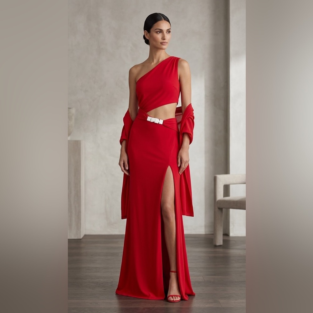 Elegant Red Evening Gown with Shawl